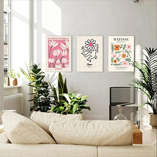 Matisse Wall Art Комплект от 3, Абстрактни Изложбени плакати Matisse Wall Art, Розово-бежово Плакати с цветния пазар, Стенно изкуство в минималистичной рамка с цветен пазар, Платн?
