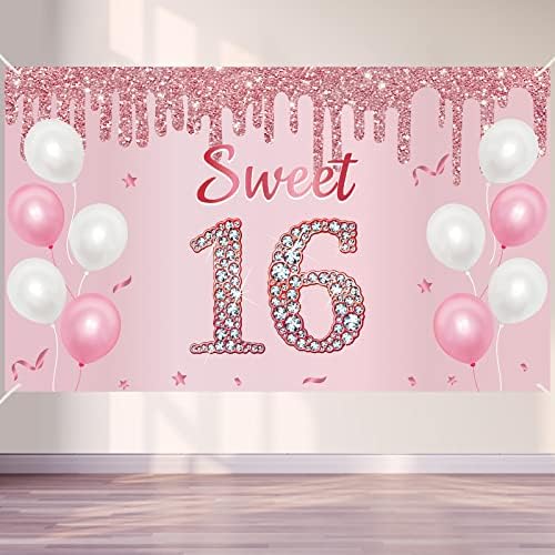 Pink rose gold 16-ия рожден ден на банер украса за момичета, сладки 16 рожден ден щастлив знак за партита, сладки шестнадесет, рожден