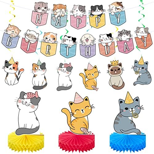 16 Бр., комплект бижута за бала в чест на рождения ден на котешка тема, включва банер за парти в чест на котки с 6 висящи изрези за котки,