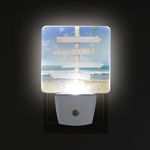 Naanle Комплект от 2 Бели Дървени Заготовки Стрелка на Показалеца На Плажа Тропическо Лято Океана, Синьото на Небето Лист Сливи Автоматичен Сензор LED От Здрач до Зори л