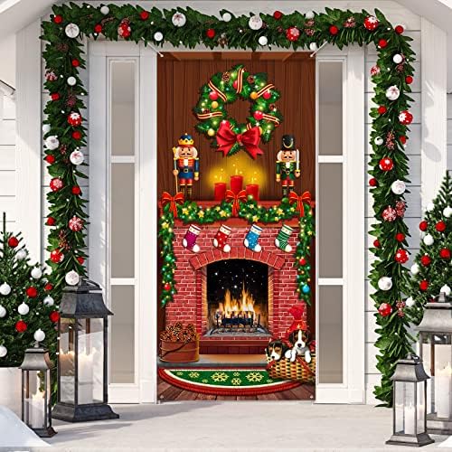 Весела Коледа на Вратата на Кутията Коледа Камина Вратата на Кутията Декори Коледно Дърво Печатна Вратата на Кутията Банер Коледен Фон