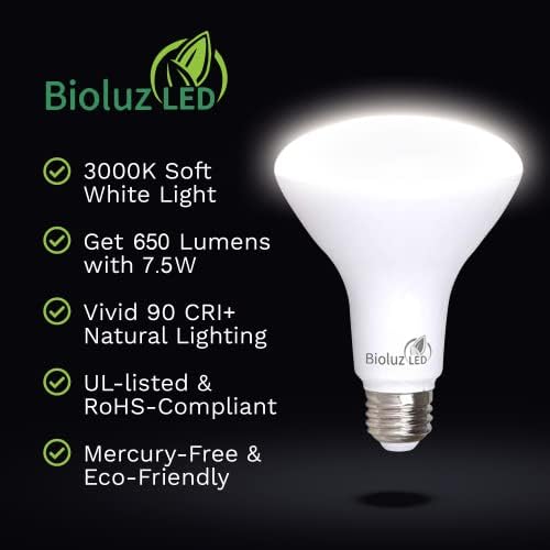 Bioluz LED 90 CRI BR30 Led лампа 3000 K Мек Бял 7,5 W = 65 W Подмяна на 650 Лумена С регулируема яркост за вътрешен/външен прожектор, посочен в UL Заглавието на 20 Мощното осветление (опако