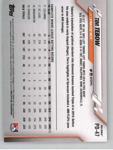 Дебют Topps Pro 2020 #PD-47 Бейзболна картичка Тим Tebow Syracuse Метс МЕЙДЖЪР лийг бейзбол NM-MT