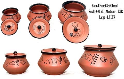 Ръчно рисувана естествена глина и глина Handi/Mitti Handi/Кръгла набор от Handi от 3 ястия за Бириани/Dahi / Ориз /Извара
