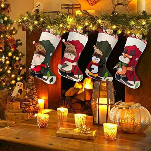 Dreampark Коледни Чорапи 4 опаковки 18Големи Коледни Чорапи Украса - Дядо коледа, Снежен човек Елен Пингвин Семейни Чорапи за Домашен