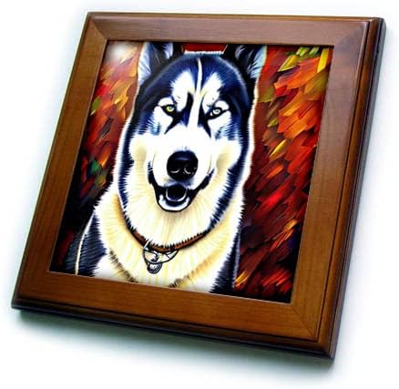 3dRose стилен портрет на куче порода хъски. Тъмно червен фон. - Плочки, в рамката (ft-376166-1)