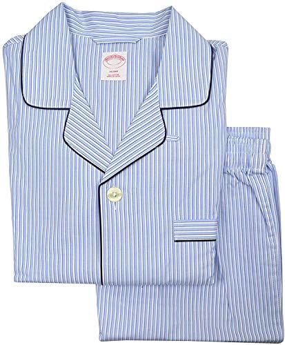 Мъжка пижама Brooks Brothers 11962, Изцяло Памучен, копчета, Комплект от панталон, Светло Синьо в разноцветную ивица