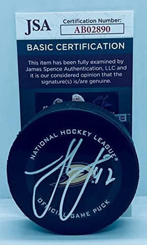 Хампус Линдхольм подписал Официалната игра шайбата Анахайм Дъкс с автограф от JSA - за Миене на НХЛ с автограф