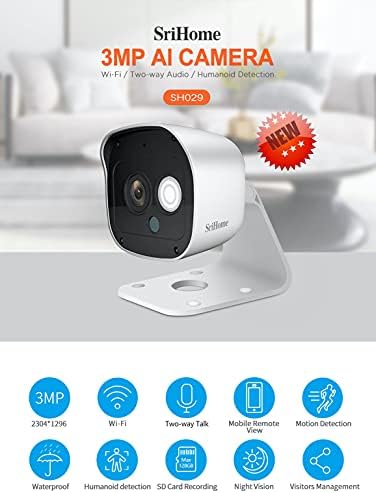Външна камера за сигурност SriHome, IP камера 2304 x 1296 пиксела с функция за откриване на движение и режим за нощно виждане до 10 м,