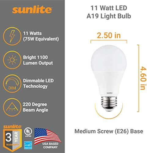 Стандартна крушка Sunlite 88343-СУ LED A19, 11 W (еквивалент на 75 W), На 1100 Лумена, Средна база (E26), с регулируема яркост е в списъка