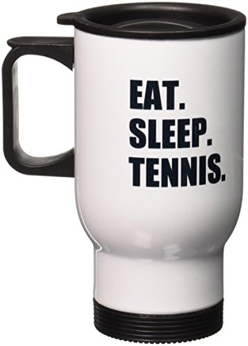 3dRose Пътна чаша Eat Sleep Tennis-Черен текст, любител на спорта, Свири На Фен-плейър, От неръждаема стомана, 14 грама, Многоцветен
