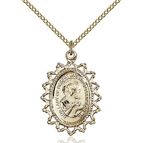 Позлатен медальон Богородица на Вечната помощ с размери 1 х 3/4 с Позлатен лек бордюрной на веригата