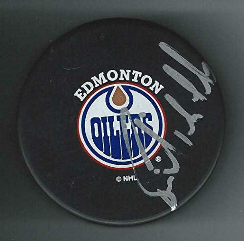 Бърни Никълс подписа Тренч-шайбата Едмънтън Ойлърс - за Миене на НХЛ с автограф