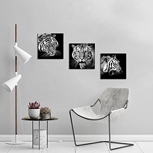 ArtKissMore 3 Панела Тигър Wall Art - Черно-Бял Портрет на Животните в Дивата Природа, Тигър, Щампи Върху Платно, на Черен Фон, Стенно