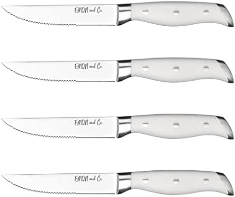 Emon and Co. Ножове за стек с зазубренной повърхност от неръждаема стомана, бяла дръжка, 4 опаковки