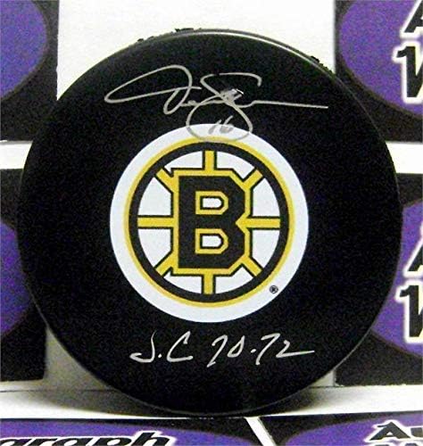 Хокейна шайба на Дерек Сандерсона с автограф (Бостън Бруинс) с надпис SC 70, 72 - за Миене на НХЛ с автограф