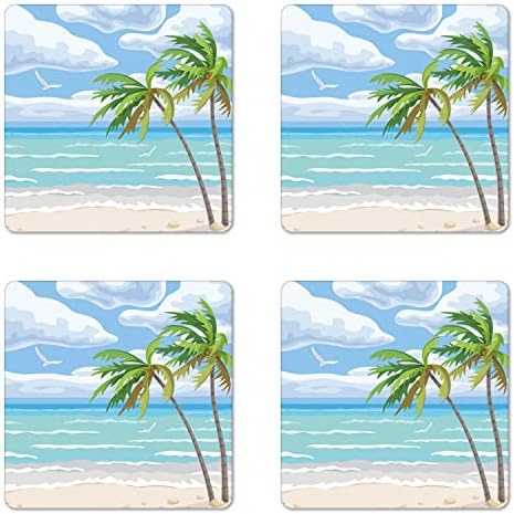 Комплект от 4 Графични плажни на каботажните Ambesonne, Лятото брега на вятъра с Палми, Облака на небето и участието на Летящей Чайки,