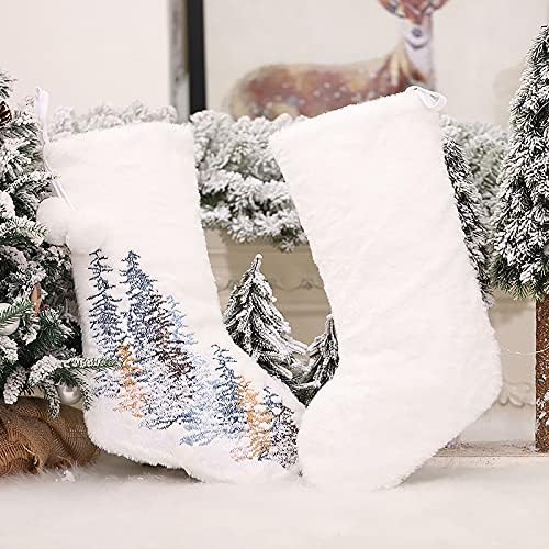 Aetygh Бели Коледни Чорапи, 2 опаковки, Бродирани Снежинками, Коледно Дърво, Плюшени Коледни Чорапи, Подаръчни комплекти, Чанта За Екстри