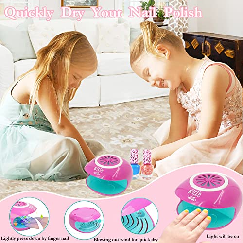 Комплект за нокти за Момичета - Детски Комплект от Лак за нокти със Сушилня за Нокти, Дръжки за лак за нокти, Подут Външни Нокти, Грим