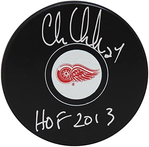 Хокейна шайба с логото на Red Wings с автограф на Крис Челиоса w/HOF 2013 - за Миене на НХЛ с автограф