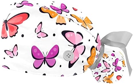 Kigauru 2 бр. Дамски Регулируема Работна Шапка с Копчета, Пеперуда, Розово Модел, Калъф с Завязками на гърба, Шапка