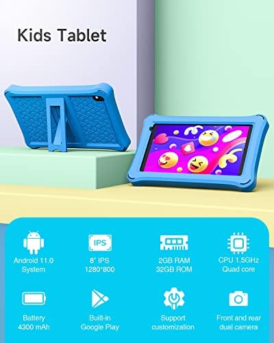 Таблет за деца, 8-инчов Детски Таблет, 2 GB RAM, 32 GB ROM, Таблети Android 11, IPS Сензорен Екран, 1280x800, Таблет за деца с подкрепата