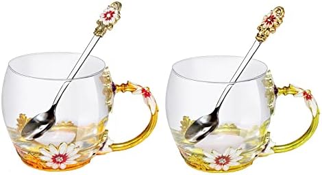 Стъклена чаша за чай Cenyye - Чаши за Кафе, Емайлирана Чаша за Пиене с цветя Маргаритки - Уникални Подаръци за дамите, Творчески Кристални